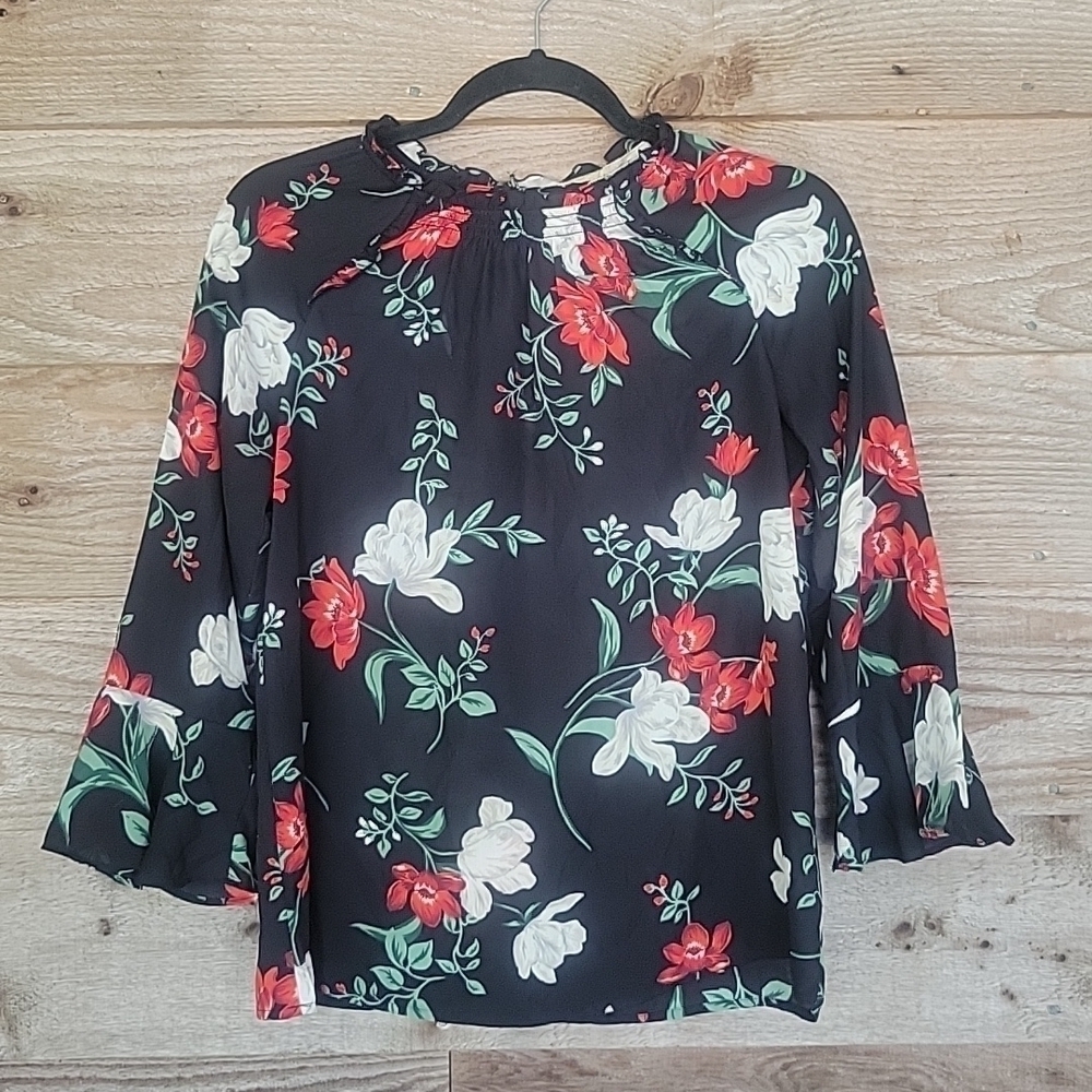 Old Navy Black and Floral Top with Elbow Ruffle Sleeves Size Small